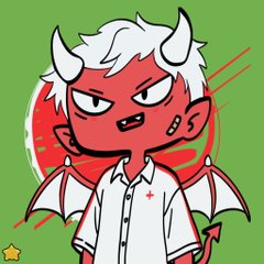 A cartoon drawing on a green background shows a red-skinned demon character with white horns and hair, wearing a white shirt with small red cross details, with a red circle behind its head.