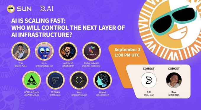Promotional graphic for a SUN.AI Twitter Space titled "AI IS SCALING FAST: WHO WILL CONTROL THE NEXT LAYER OF AI INFRASTRUCTURE?" scheduled for September 3 at 1:00 PM UTC, featuring cohosts B.AI (@BAI_AGI) and Dave (@DCBK2LA) alongside speakers including ITO (@itsov_4211), Web3prof (@Web3prof), Cortex Network, APRO AI Oracle, TT CHAIN, Noss, and Linguo.