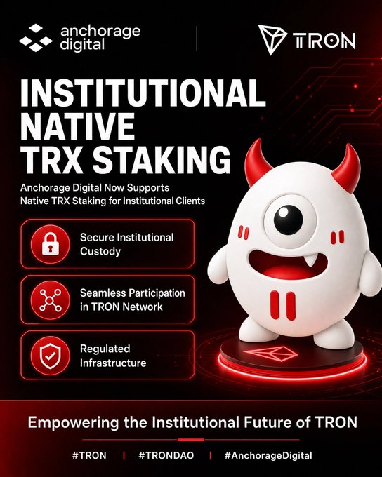 The image is a promotional graphic announcing that Anchorage Digital now supports institutional native TRX staking for the TRON network, highlighting features like secure institutional custody, seamless participation in the TRON network, and regulated infrastructure, accompanied by TRON's mascot. It visually reinforces the post's message that TRON's institutional infrastructure is expanding, making TRX staking more accessible and secure for institutions through Anchorage Digital's regulated platform.
