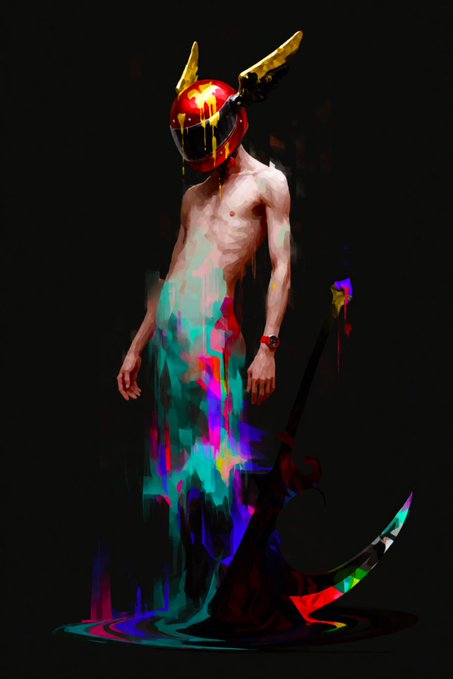 A stylized digital illustration of a thin, shirtless figure wearing a glossy red and yellow winged helmet, with a paint-drip or glitch effect cascading down their torso in vibrant cyan, green, red, and purple hues against a black background.