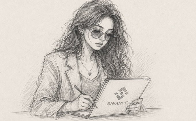 A pencil sketch illustration depicts a stylish woman with long hair and sunglasses writing or drawing on a laptop displaying the 'BINANCE' logo and its distinctive yellow square icon.