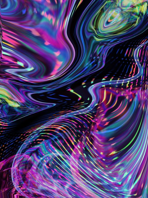 An abstract digital artwork featuring swirling, iridescent waves of neon pink, blue, green, and yellow colors creating a fluid, liquid-like effect.