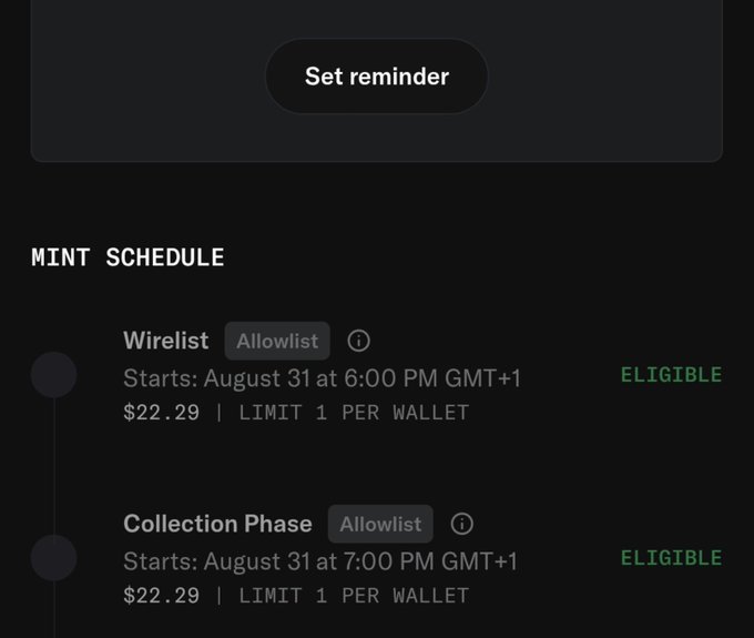 The image shows a Mint Schedule for @PoweredByVolt, displaying two phases—a Wirelist and Collection Phase, both marked as "Allowlist" and "Eligible"—starting August 31 at 6:00 PM and 7:00 PM GMT+1 respectively, each priced at $22.29 with a limit of 1 per wallet. This confirms the poster's claim that they are eligible for the Wirelist mint, reinforcing their message inviting others to check their eligibility.
