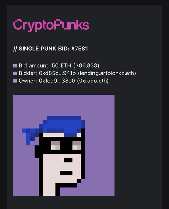 A CryptoPunks listing shows a single punk bid (#7581) at 50 ETH ($86,833), with the bidder 0xd85c...941b (lending.artblonkz.eth) and owner 0xfed9...38c0 (0xrodo.eth), featuring a pixelated punk with a blue bandana.