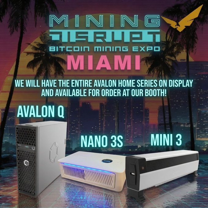 Promotional graphic for 'MINING TERNAT BITCOIN MINING EXPO MIAMI' featuring Avalon Q, NANO 3S, and MINI 3 crypto mining hardware against a retro Miami sunset backdrop.