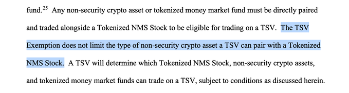 A excerpt from a financial document discussing Tokenized NMS Stocks and TSV Exemption rules, with a portion of text highlighted in blue regarding Tokenized NMS Stocks and non-security crypto assets.