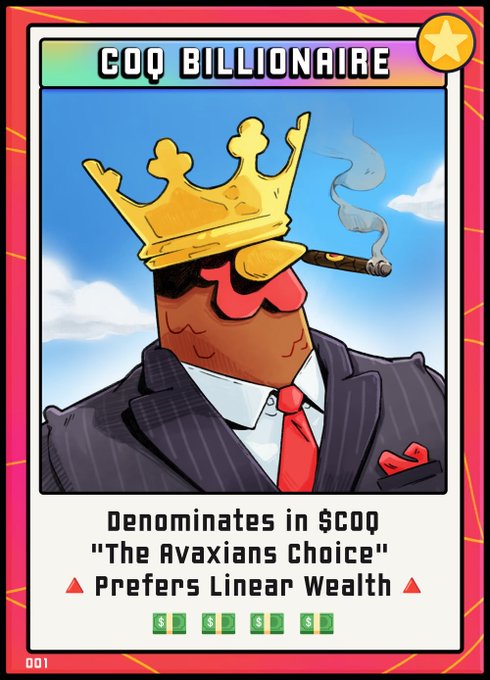 A vibrant trading card titled "COQ BILLIONAIRE" (#001) features a cartoon rooster in a pinstripe suit, golden crown, and red sunglasses smoking a cigar, with text reading "Denominates in $COQ, 'The Avaxians Choice,' Prefers Linear Wealth," visually celebrating the $COQ meme coin crossing the $10 million milestone noted in the post.