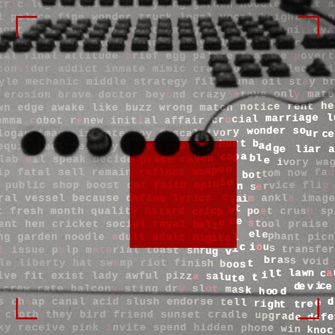 A vintage-style image featuring a typewriter and scattered dice overlaid on a backdrop of words like "robot," "ivory," and "crucial," with a red square highlighting the word "crucial." The post's teaser vibe fits the cryptic, "something brewing" aesthetic, with the red highlight possibly hinting at a key or pivotal reveal coming soon.