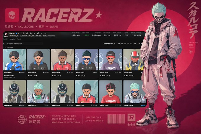 This image features promotional artwork for the "RACERZ" project, showcasing a stylized character alongside a dashboard displaying NFT floor prices and a 65% floor price increase. The visual elements directly support the post's announcement of a new all-time high (ATH) and significant growth in value for holders.