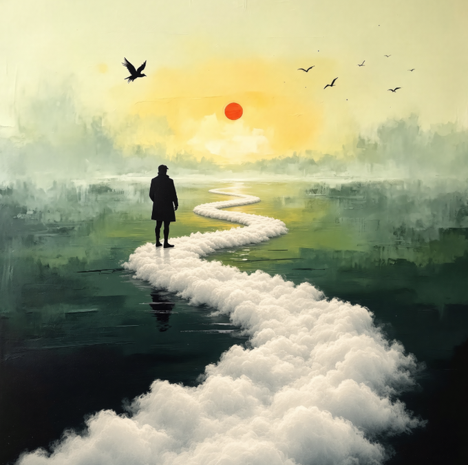 A painted scene shows a silhouetted figure standing on a path of white clouds leading toward a red sun on the horizon, with birds flying in the sky.