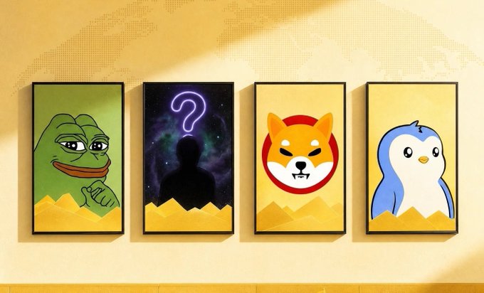 Four framed posters hang on a wall against a yellow world map background, displaying Pepe the Frog, a mysterious silhouette with a glowing purple question mark, a Shiba Inu dog, and a penguin character. The image relates to the post by depicting four popular meme coin mascots (Pepe, Shiba Inu) alongside an anonymous figure and penguin, suggesting the search for the next 1000x memecoin among these iconic characters.