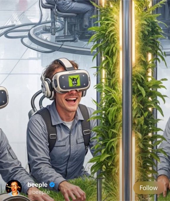 This image shows a man wearing a VR headset with a "Broker Punks" logo on it, suggesting a connection to the accompanying post's mention of "Broker Punks." The image also features the artist "beeple" and his handle "@beeple".