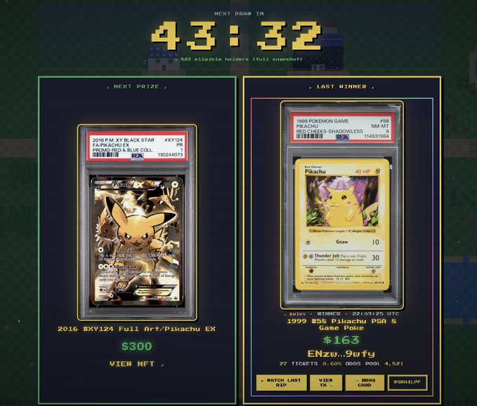 The image features a display of Pokémon trading cards, with two cards side by side. One card has a Pikachu design while the other displays the Pikachu "Grail" from 1999 worth $5300. The text on both cards says "it's pikachu central for $grail holders", indicating that these cards are related to the upcoming Pokemon "Grail". This post seems to be advertising or showcasing these trading cards, likely to engage with fans and potential buyers interested in Pokémon items or as a part of an online community dedicated to video games.