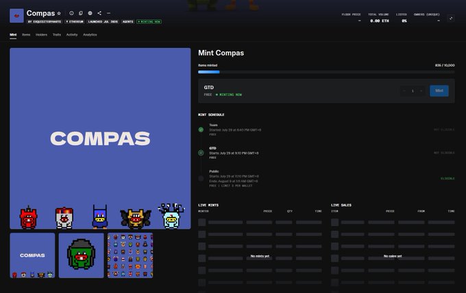 The image shows a digital NFT collection page for "Mint Compas" (ticker: COMPAS) on what appears to be a marketplace, displaying a pixel-art collection of 9,000 items with a team-routed mint schedule starting at 11:10, currently at 0 ETH price with no items minted yet. The post relates by referencing the upcoming public freemint event for this project, encouraging users to mint multiple NFTs while supply remains available.
