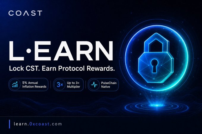 The image presents a captivating advertisement for a cryptocurrency called "Coast" and its corresponding token named "L-Learn". The scene features a blue and white lock with a digital keypad that can be locked by entering the code "CST", which translates into "Knowledge Token Migration Complete. Lock $CST to earn a share of the 5% Annual Inflation All Penalties Burned No Team Allocation Use Credit or Debit Cards to Play + Win". The advertisement also mentions that there will be a new feature coming soon and that more about it is available on the website "Coast" with a focus on native iOS and Android apps.