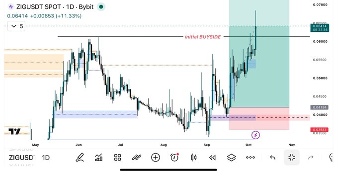 A daily (1D) chart of ZIG/USD on TradingView, showing the price at 0.06414 (+11.33%), with an annotated "Initial BUYSIDE" zone around the 0.06000 level and highlighted support/resistance areas in September and November, supporting the post's bullish outlook on the ZIG/USD1 partnership.