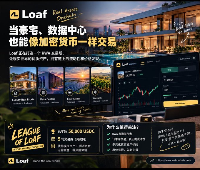 A promotional advertisement for "Loaf" (loafmarkets.com) showcases their RWA (Real World Assets) trading platform, featuring images of luxury real estate, data centers, and solar assets, along with text in Chinese promoting the "League of Loaf Testnet Trading Competition" with a 50,000 USDC prize pool.