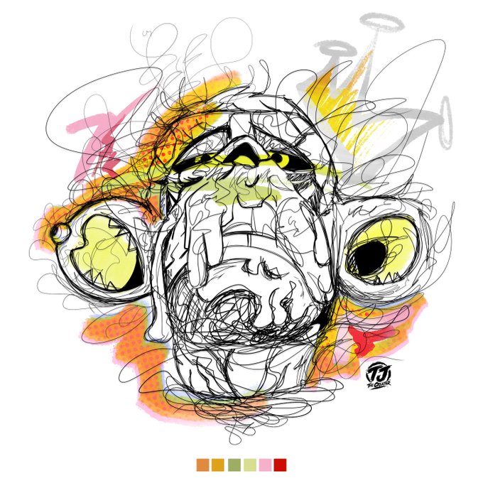 An abstract, chaotic line-art sketch of a figure with large yellow eyes, surrounded by swirling scribbles and accents of orange, pink, and red, with a small color palette swatch at the bottom.