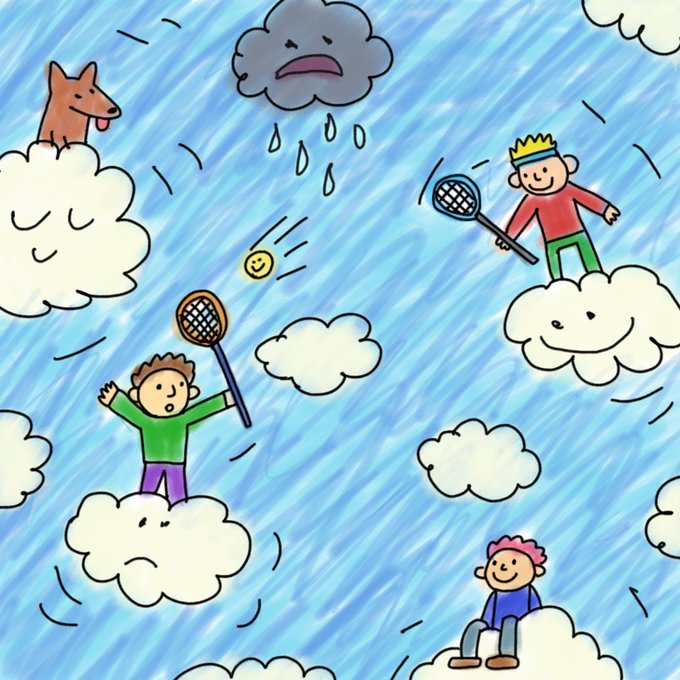 A whimsical hand-drawn scene shows children playing badminton atop fluffy clouds in a rainy sky, with a smiling yellow ball bouncing between them while a sad raincloud weeps above. The cheerful, carefree play amid the gloomy weather captures the uplifting spirit of "Boom" — a burst of joy breaking through the storm.