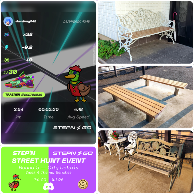 A STEP'N Go Street Hunt Event collage showing a walk summary (3.64 km, 52:20, 4.18 avg speed) alongside three photos of benches (white ironwork, wooden, ornate metal), with the event titled "Round 5 — City Details, Week 4 Theme: Benches, Jul 20 - Jul 26."