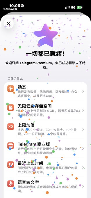 A screenshot of a Telegram Premium subscription confirmation in Chinese, displaying "一切都已就绪!" (Everything is ready!) with a purple star icon and a list of unlocked features including dynamic content, business accounts, and voice-to-text.