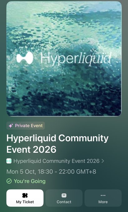 A mobile event ticket screenshot for the "Hyperliquid Community Event 2026" happening Monday, October 5, 18:30-22:00 GMT+8, showing "You're Going" status with an underwater-themed banner image.