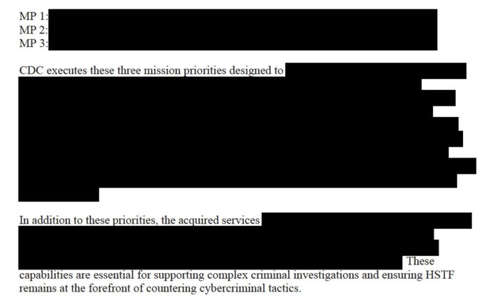 The image shows a redacted document titled with three classified "Mission Priorities" (MP 1, MP 2, MP 3) for what appears to be the HSTF (Homeland Security Task Force). While the post discusses Chainalysis suing the U.S. over an ICE surveillance contract and mentions OCDETF's shift from prosecution to surveillance, the image itself displays heavily blacked-out text outlining the CDC's mission priorities and acquired services, with only fragments visible such as "CDC executes these three mission priorities designed to" and "capabilities are essential for supporting complex criminal investigations and ensuring HSTF remains at the forefront of countering cybercriminal tactics."