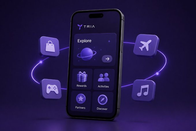 A smartphone displays the "TRIA" app interface with an "Explore" section featuring a planet graphic and menu options including Rewards, Activities, Partners, and Discover, surrounded by floating icons representing shopping, travel, gaming, and music against a purple background. The image visually reinforces the caption's message by showcasing how the Tria app has evolved beyond a basic transaction tool into a discovery platform with diverse partner experiences like gaming, travel, and music for users to explore.