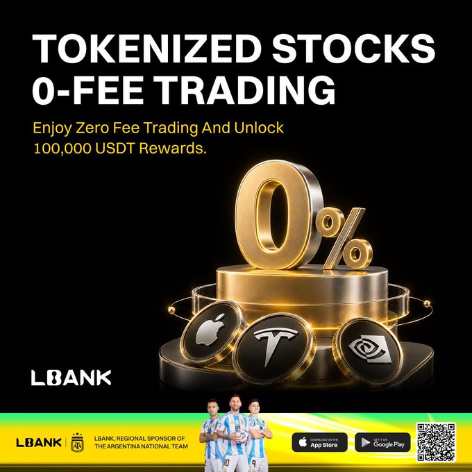 The image features a gold trophy with three different coins on top of it, representing Apple, Tesla, and Nvidia companies. The text above the image reads "ToKENIZED STOCKS 0-FREE TRADING". Below this, there is an advertisement for tokenized stocks that offers 100,000 USDT in rewards for trading these tokens. The image also includes a QR code that leads to a website where users can learn more about the event and participate by signing up with their personal information.