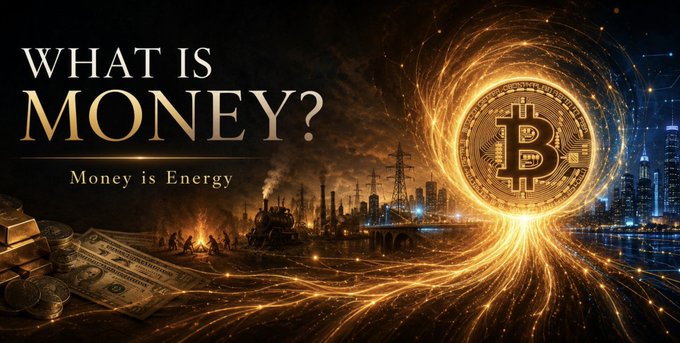 A promotional banner titled "WHAT IS MONEY? Money is Energy" features a glowing Bitcoin coin alongside imagery of gold bars, dollar bills, and silhouetted figures huddled around a fire, visually reinforcing Saylor's analogy of Bitcoin as a superior store of value compared to gold and fiat currency.