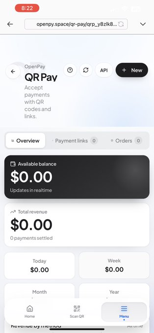 A mobile screenshot of the OpenPay dashboard showing 'QR Pay' with an available balance and total revenue both at '$0.00', along with 'Today', 'Week', 'Month', and 'Year' all displaying zero.