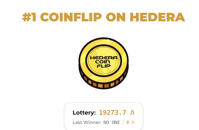 An advertisement for '#1 COINFLIP ON HEDERA' showing a gold 'HEDERA COIN FLIP' coin with a Lottery value of '19273.7 ₺' and 'Last Winner: NO ONE / 0 ₺'.