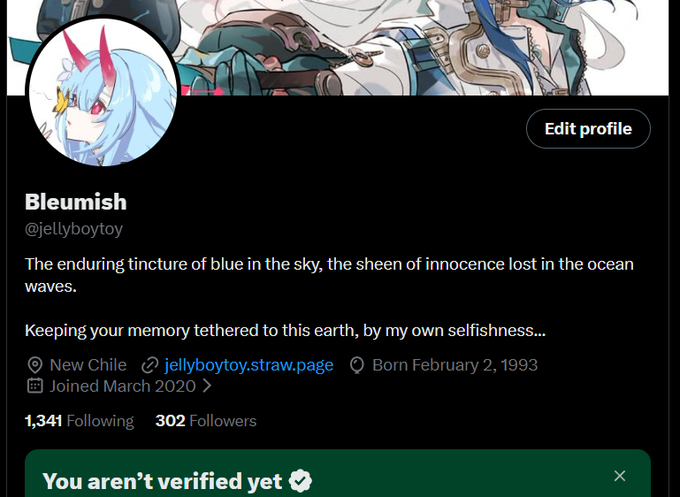 A profile page for a Twitter/X user named 'Bleumish' (@jellyboytoy) with the bio 'The enduring tincture of blue in the sky...', located in New Chile, born February 2, 1993.