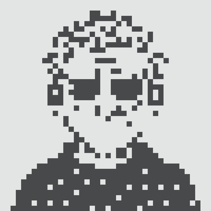 A pixel art portrait of a person with curly hair and rectangular glasses, rendered in dark blue and white.