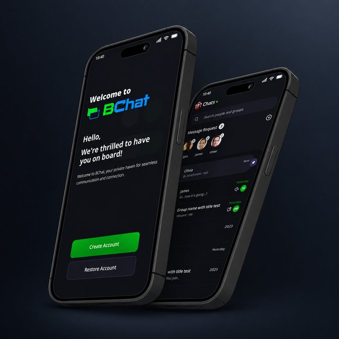A mockup of two smartphones showing the BChat application interface, with one screen displaying a welcome message and 'Create Account' button, and the other showing a chat list.