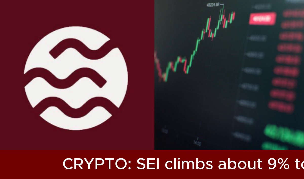 A news graphic features the SEI cryptocurrency logo alongside a candlestick chart showing an upward price trend, with the headline "CRYPTO: SEI climbs about 9% to" highlighting its outperformance against a broader market downturn, as referenced in the post noting SEI's ~9% gain to $0.058 amid Bitcoin slipping under $60K.