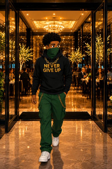 The image features a man wearing a black hoodie with "Never Give Up" written on it, green pants, and white shoes walking into a restaurant or dining area. The background of the photo shows multiple tables and chairs set up for guests inside the establishment. The caption above the image reads, "Good morning winners $RIVER isn'T just about staking, satUSD, or points—it's about being part of an ecosystem that' s creating real utility across Web3. Building through every season Growing through every integration Strengthening through every community contribution". This message is related to the man entering the restaurant as it suggests a sense of determination and resilience in pursuing one's goals, which can be applied to various aspects of life beyond just gaming or online communities.