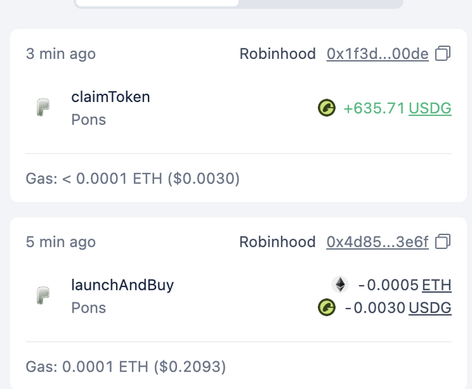 Screenshot of two blockchain transactions from a Robinhood wallet: a "claimToken" call on Pons that received +635.71 USDG (with <0.0001 ETH gas) and a prior "launchAndBuy" call on Pons that spent 0.0005 ETH and 0.0030 USDG (with 0.0001 ETH gas). The image supports the post's claim of making roughly $650 in a minute from creator fees on the Ponsfamily launch.
