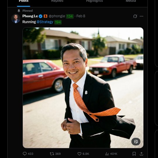 A tweet from user 'Phong Le' (@phongle) posted on Feb 8 showing a smiling man in a suit with an orange tie running down a suburban street with red pickup trucks in the background, marked as a pinned post.