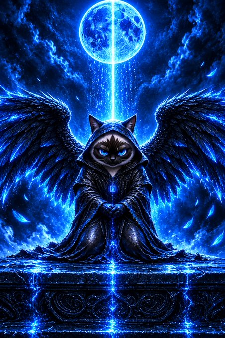 Digital fantasy art of a hooded cat-like figure with large black wings sitting before a glowing blue moon and water.