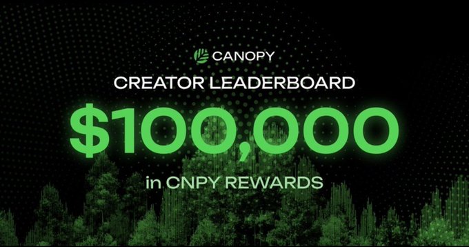 A promotional graphic for Canopy Network's "Creator Leaderboard" featuring bold green "$100,000 in CNPY REWARDS" text against a dark forest silhouette background, highlighting an incentive program that ties into the post's vision of an accessible, creator-driven blockchain ecosystem.