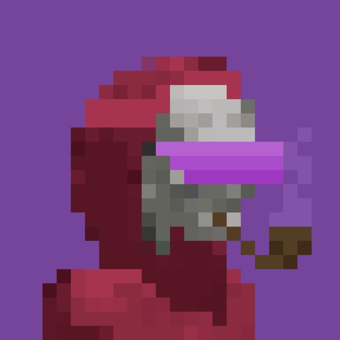 A pixel-art figure wearing a red hood and a gray animal-like mask appears against a purple background.