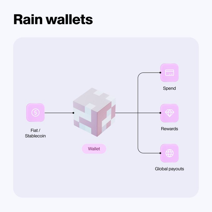 The image illustrates Rain's "Wallet as a Service" concept, showing how Fiat/Stablecoin deposits flow into a central Wallet that branches out into three use cases—Spend (card icon), Rewards (diamond icon), and Global payouts (globe icon). This visual reinforces the post's message that Rain's full stack can be embedded into any app to enable cards, accounts, and payout functionality, essentially transforming standard applications into fintech platforms.