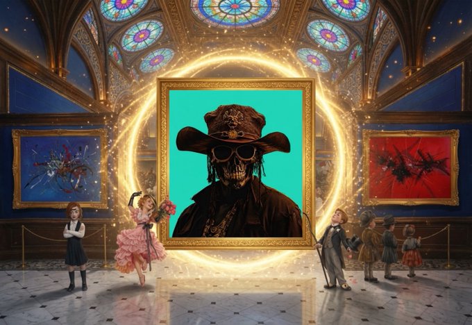 A skull-faced figure in a pirate hat and sunglasses dominates an ornate golden frame at the center of a cathedral-like gallery, glowing with mystical light while costumed patrons admire the artwork on surrounding walls.

The image reflects the post's excitement about the upcoming 201-piece drop from @2O1Patrons, showcasing @gully_art's signature edgy aesthetic with its dark, surreal skull portraiture presented in a grand, almost reverential gallery setting.