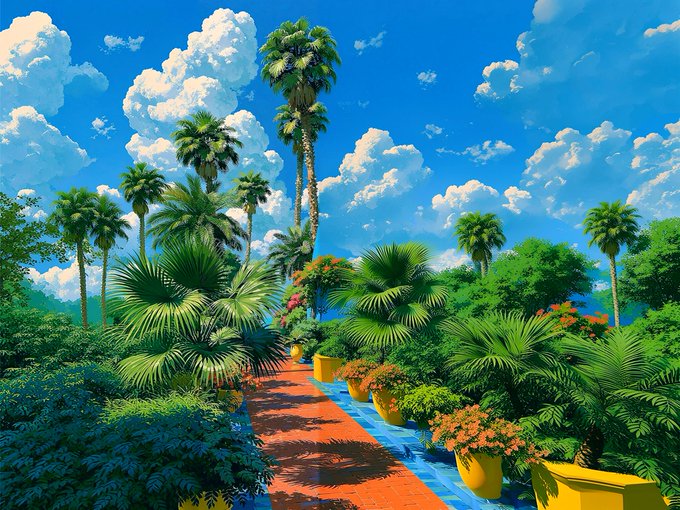 A vibrant tropical garden path lined with yellow planters full of orange flowers leads through lush green palm trees under a bright blue sky filled with fluffy white clouds.
