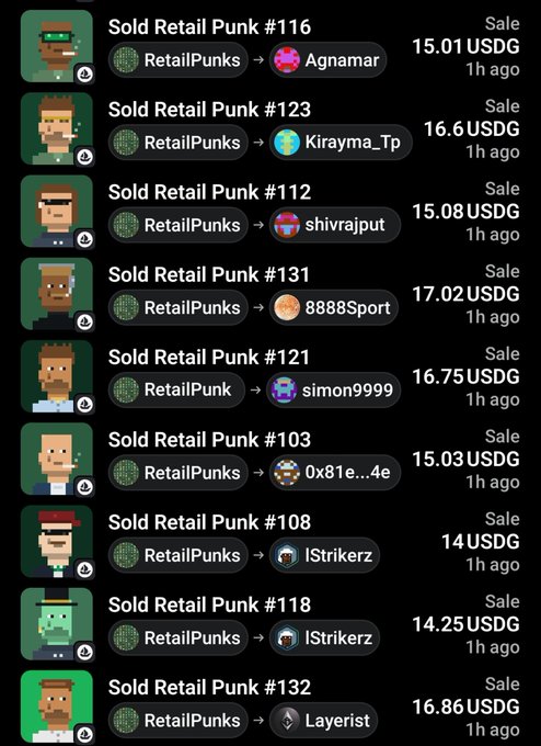 The screenshot shows a list of recent "Retail Punk" NFT sales on what appears to be a secondary marketplace, with individual punks (#116, #123, #112, #131, #121, #103, #108, #118, #132) sold for prices ranging from 14 to 17.03 USDG to various buyers like Agnamar, Kirayma_Tp, shivrajput, and Layerist, all within the last hour. The image directly contradicts the poster's previous claim about "building something with agent" by showing these retail punks being dumped on the secondary market shortly after distribution, suggesting the project rug-pulled its NFT holders rather than cultivating genuine community value beyond floor price.
