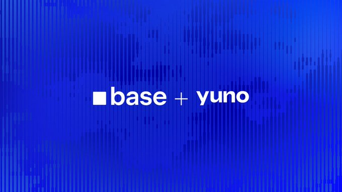 A blue graphic with vertical line designs displaying the text 'base + yuno' with a small square logo.