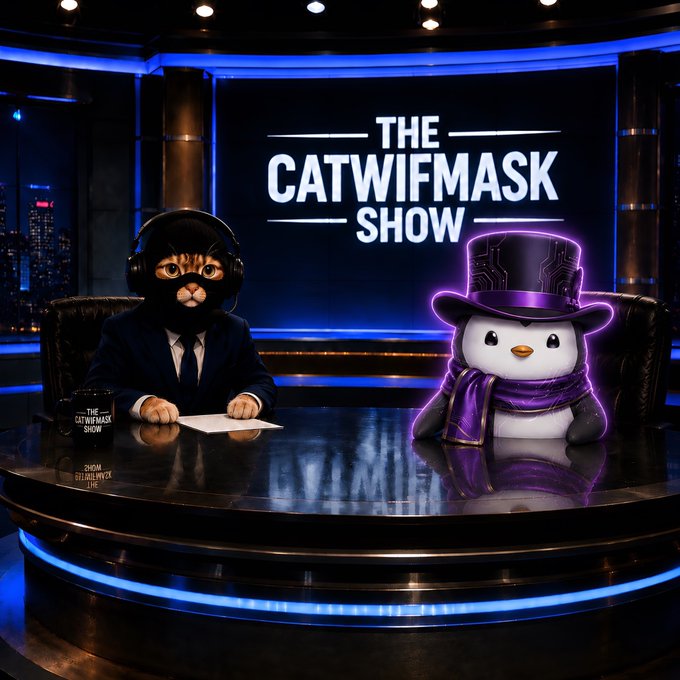 A late-night talk show set titled 'THE CATWIFMASK SHOW' featuring a cat in a suit with headphones on the left and a penguin wearing a purple top hat and scarf on the right, seated behind a news desk.