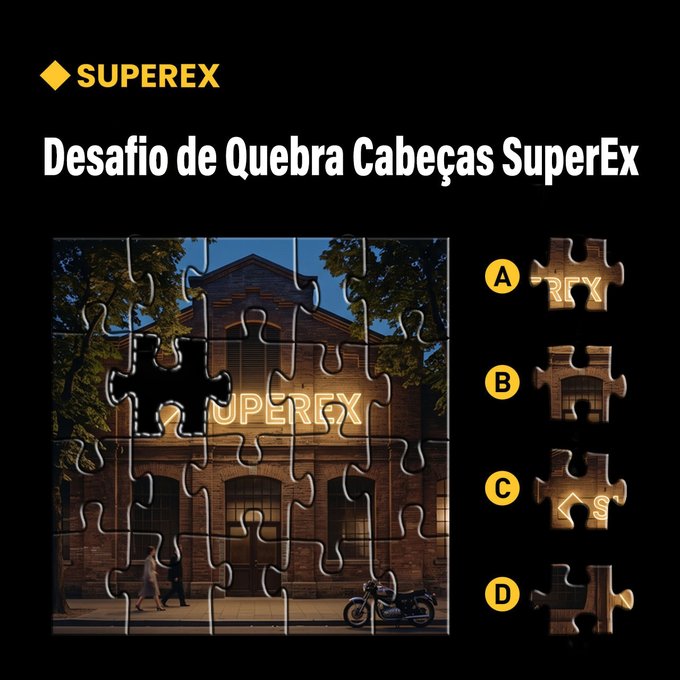 A 'SuperEx Puzzle Challenge' (Desafio de Quebra Cabeças SuperEx) showing a jigsaw puzzle with a missing piece, with four options (A-D) displaying different puzzle fragments to choose from.