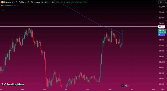 A TradingView chart displays the Bitcoin/U.S. Dollar (BTC/USD) price on Bitstamp, showing a SMA 30 close of 80,213 and a current price of 81,498.